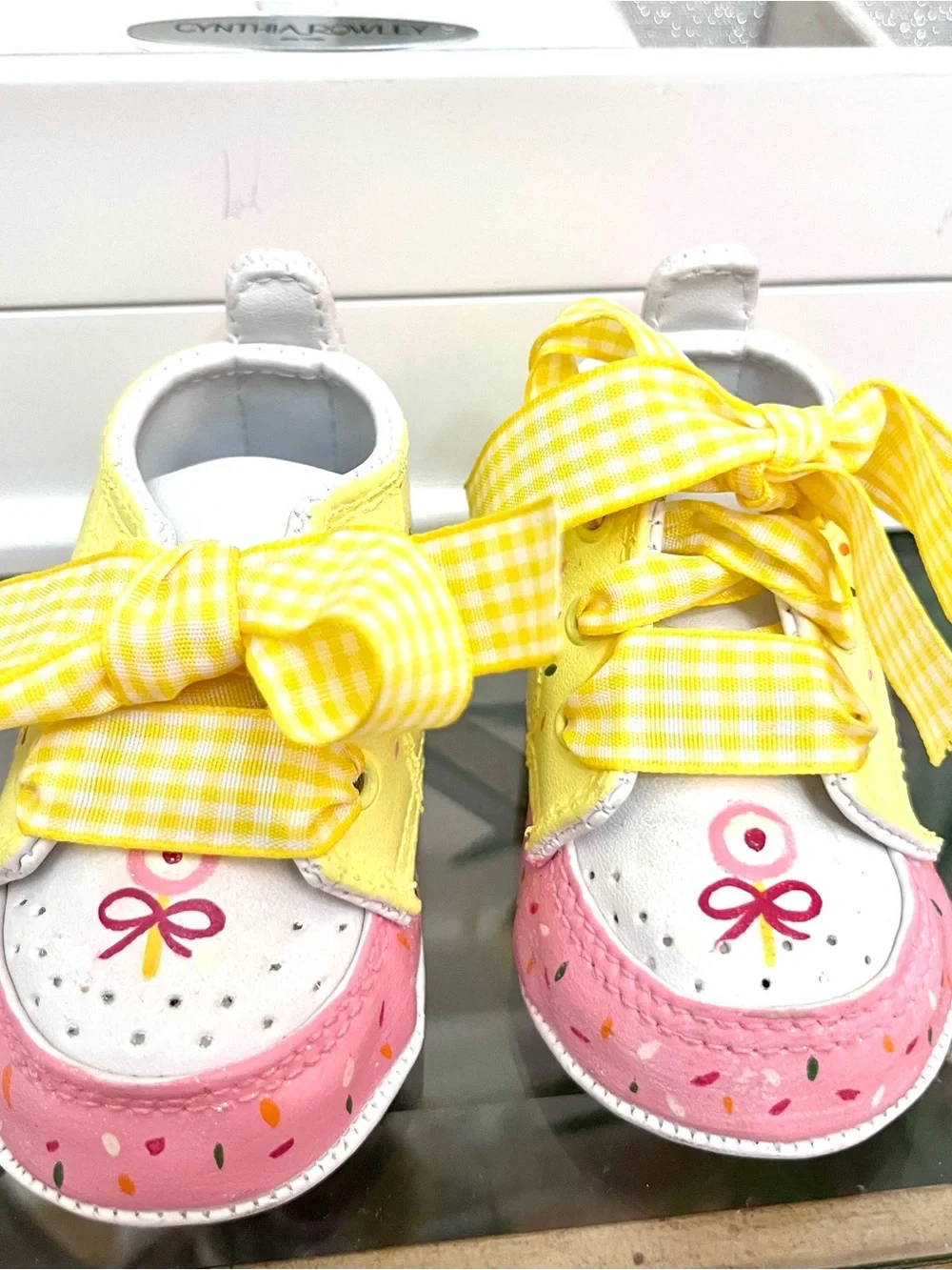 Cynthia Rowley Yellow Gingham Bow Baby Sneakers with Pink Accents